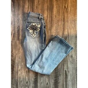 Telepatia Women Jeans 7/28 Blue Wash Flare Embellished Pockets Denim